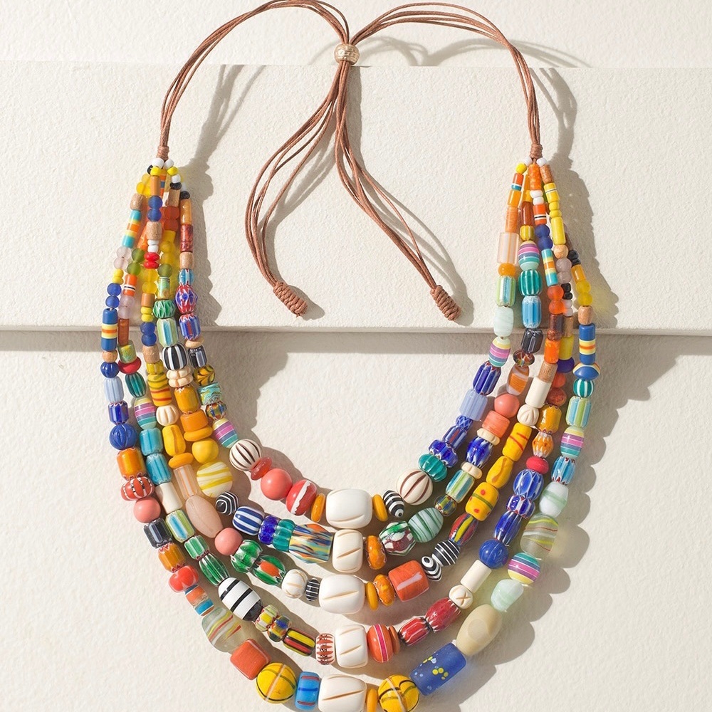 Chicos Women Bohemian Folk Art Handcrafted Multi Strand Necklace Adjustable EUC